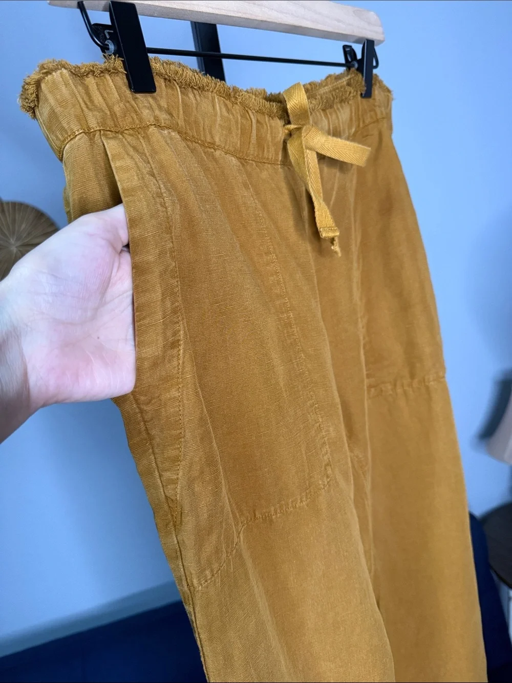 Women’s Mustard Yellow Drawstring Elastic Waist Deep Pocket Linen Lyocell Pants